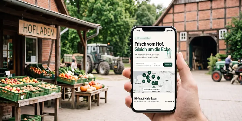 Eine Hand hält ein Smartphone vor einem Hofladen mit Obst und Gemüse.