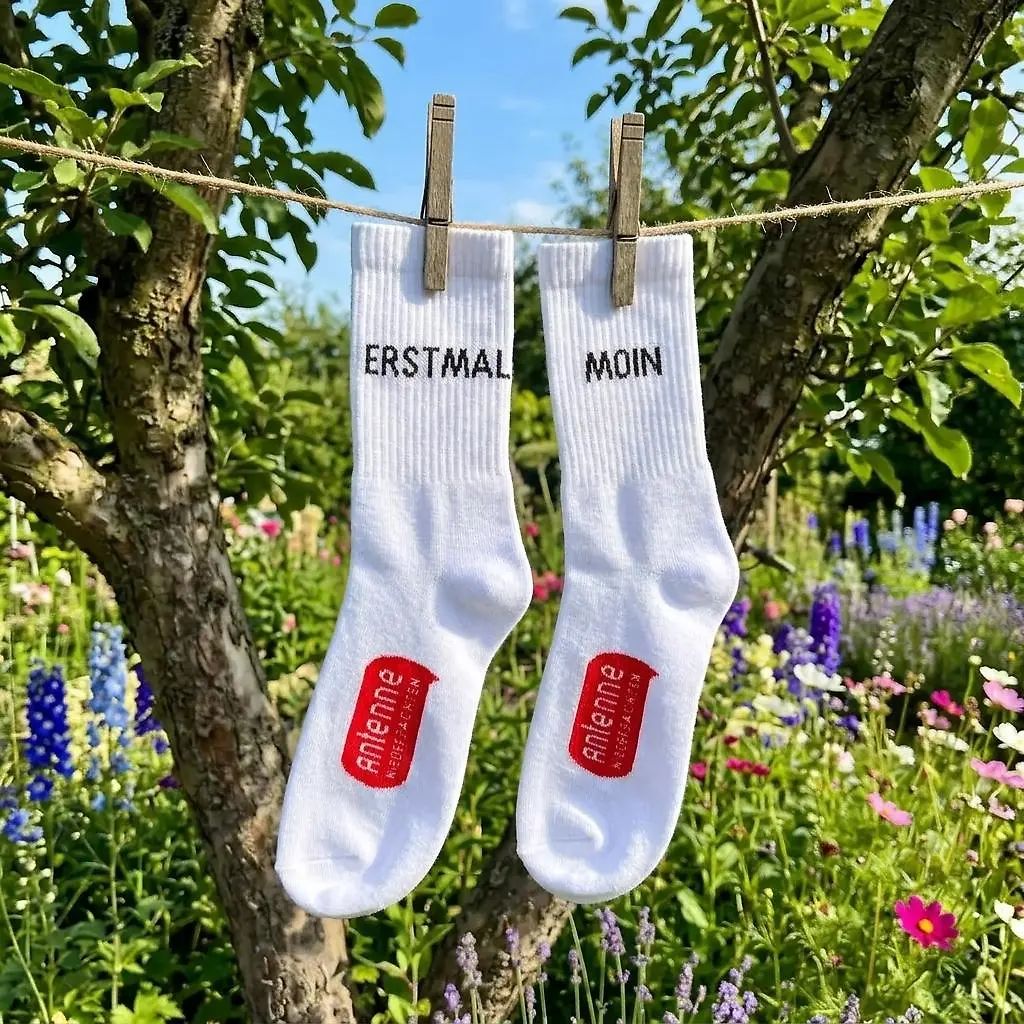 Weiße Socken mit der Aufschrift "ERSTMAL MOIN" und einem roten Logo von Antenne Niedersachsen hängen bei bestem Sommerwetter vor einem Baum auf einer Leine