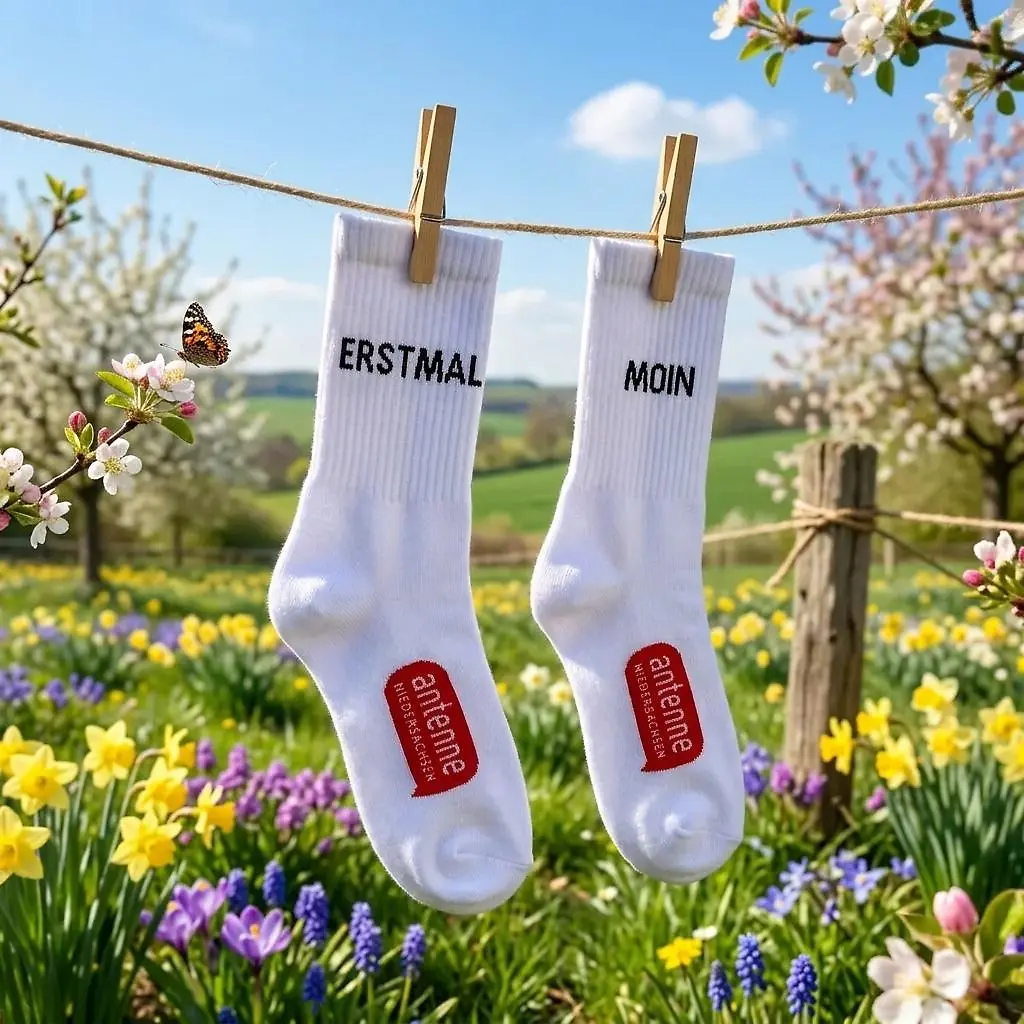 Weiße Socken mit der Aufschrift "ERSTMAL MOIN" und einem roten Logo von Antenne Niedersachsen hängen auf eine Frühlingswiese mit vielen Blumen von einer Leine