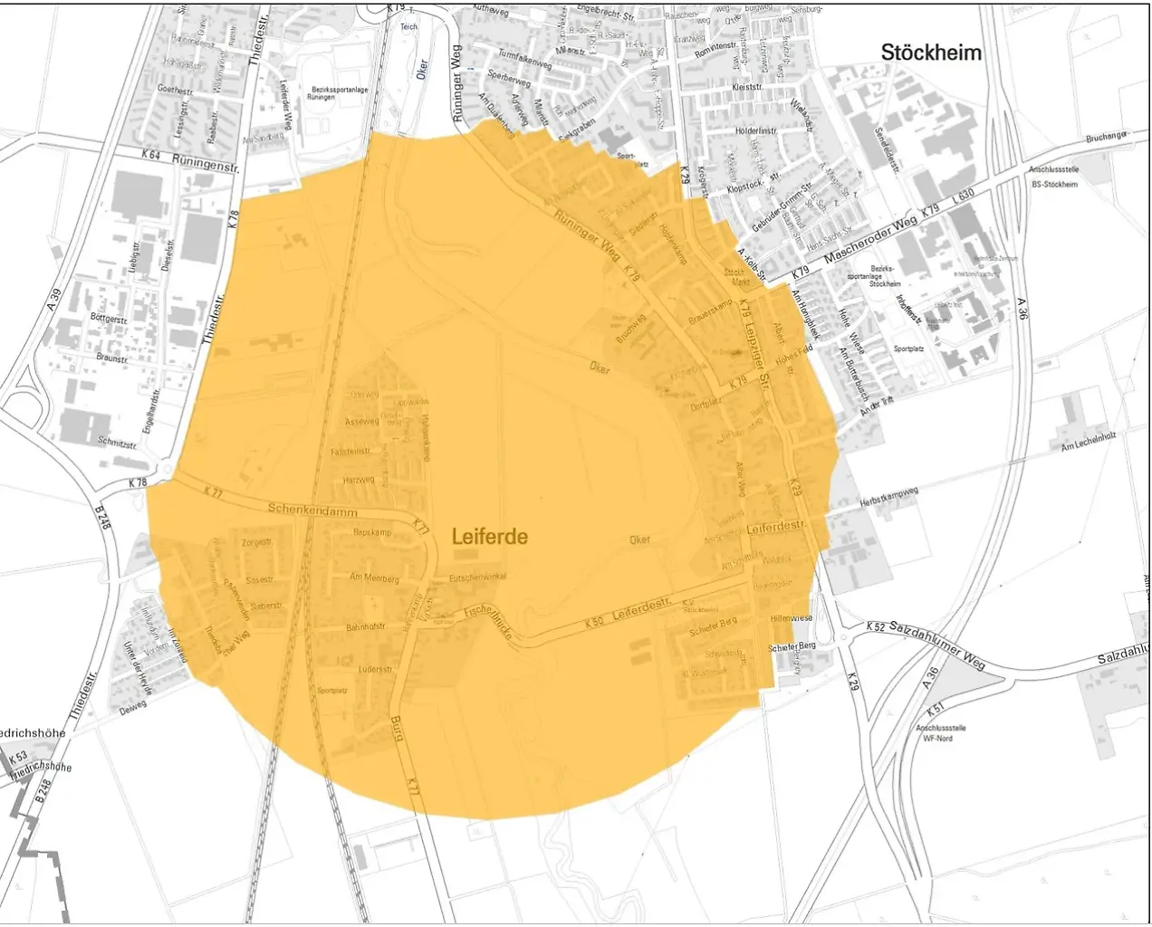 Eine Karte zeigt einen orange markierten Evakuierungsradius in Braunschweig.